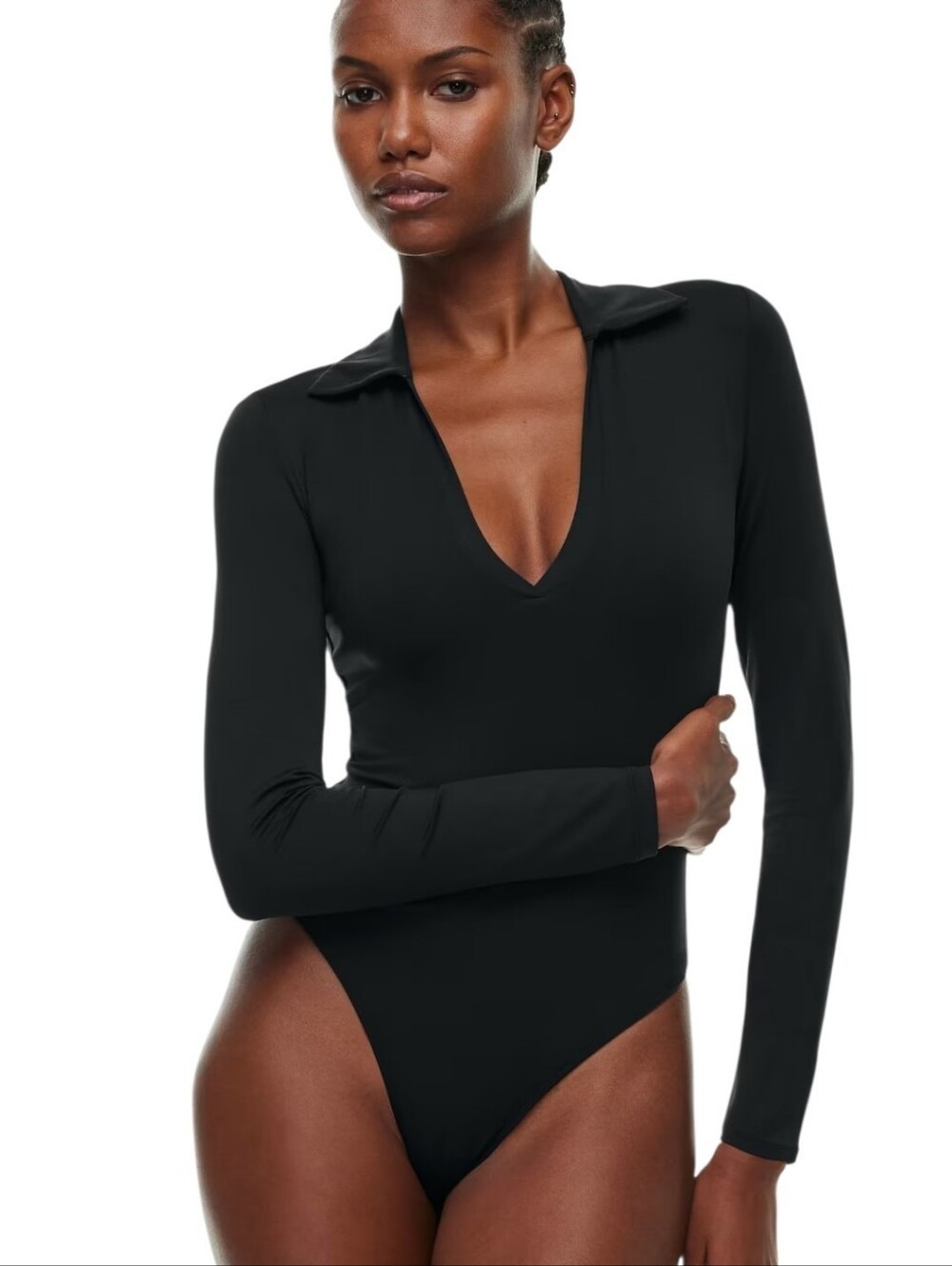Aritzia Babaton Contour Polo Collared Bodysuit V-Neck Black